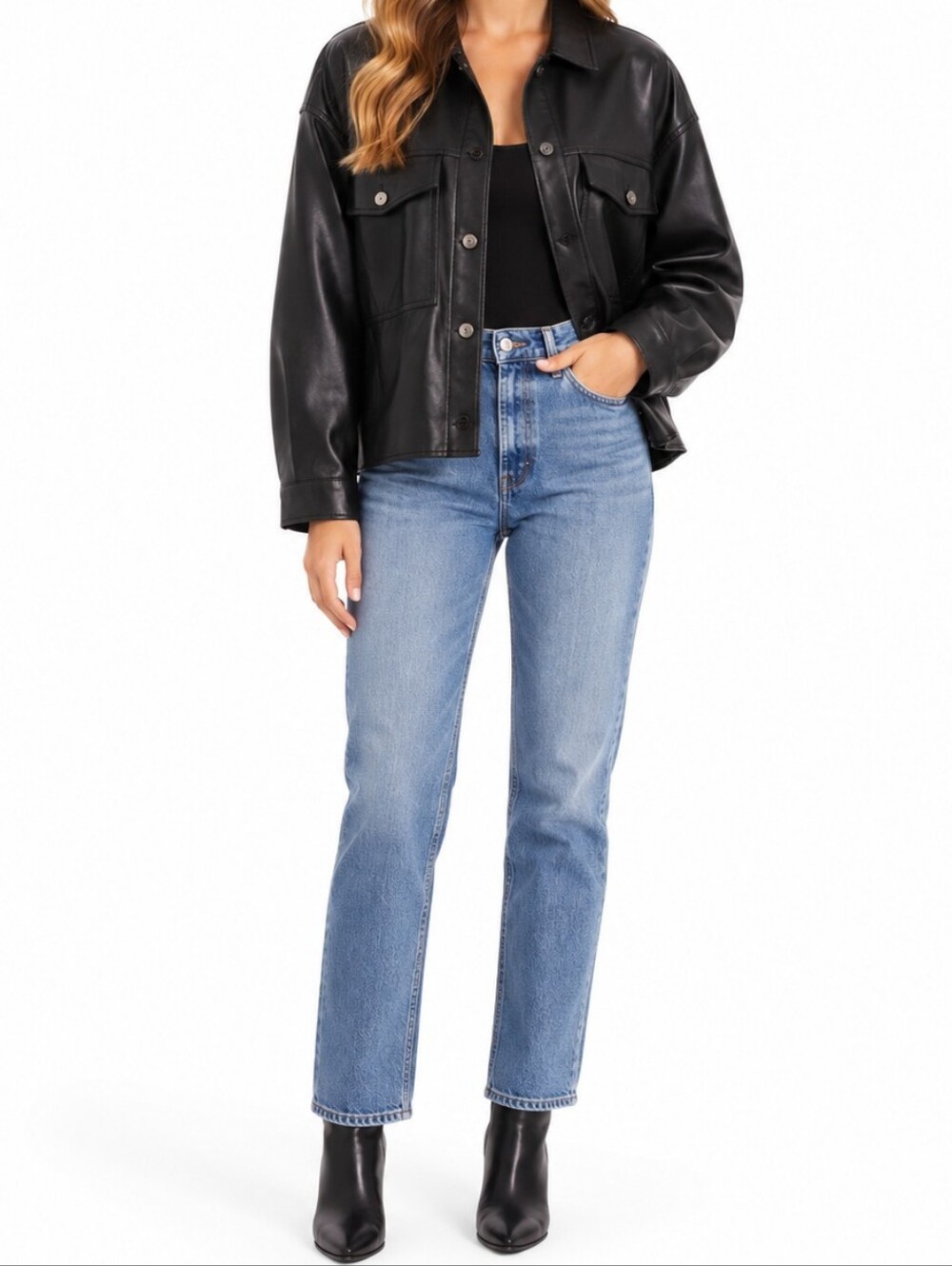 Zara Faux Leather Oversize Cropped Button Down Shirt Black Size Large Boho Fall